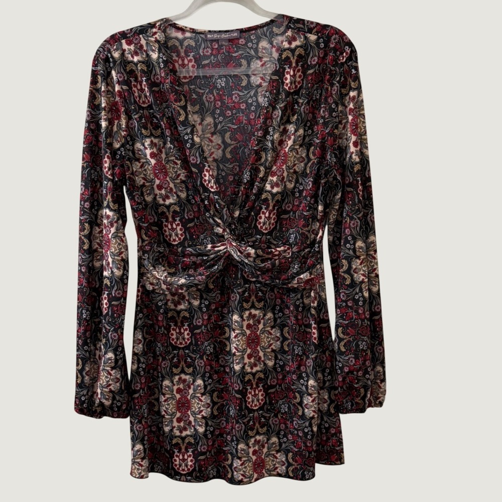 Suzie Couture Paisley Floral Top Twist Front V-Neck Fall Boho Dark Romantic L